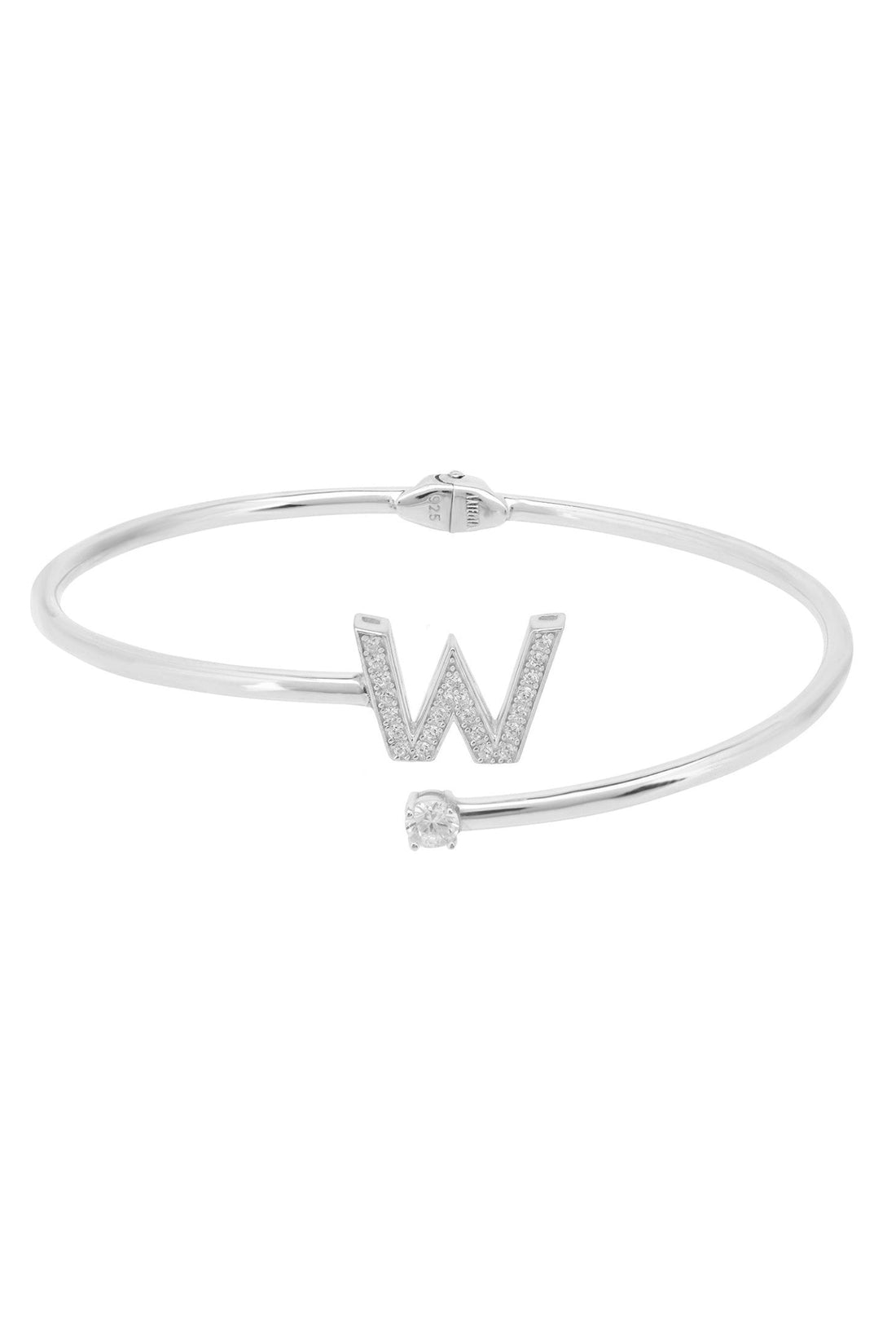 Silver-tone initial W bangle bracelet with bezel-set CZ and tiny round stone accents
