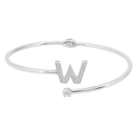 Silver-tone initial W bangle bracelet with bezel-set CZ and tiny round stone accents