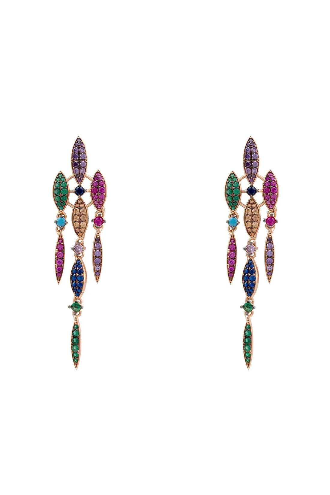Rose gold chandelier earrings with rainbow oval crystal drops