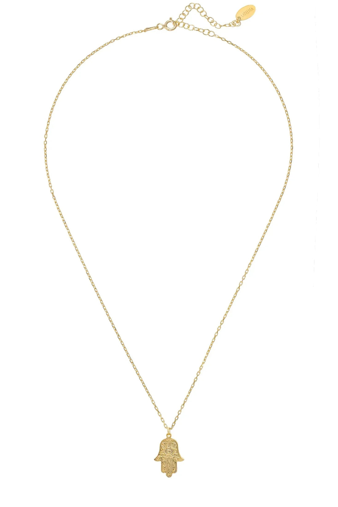 Gold-tone hamsa pendant necklace featuring an embossed hand charm