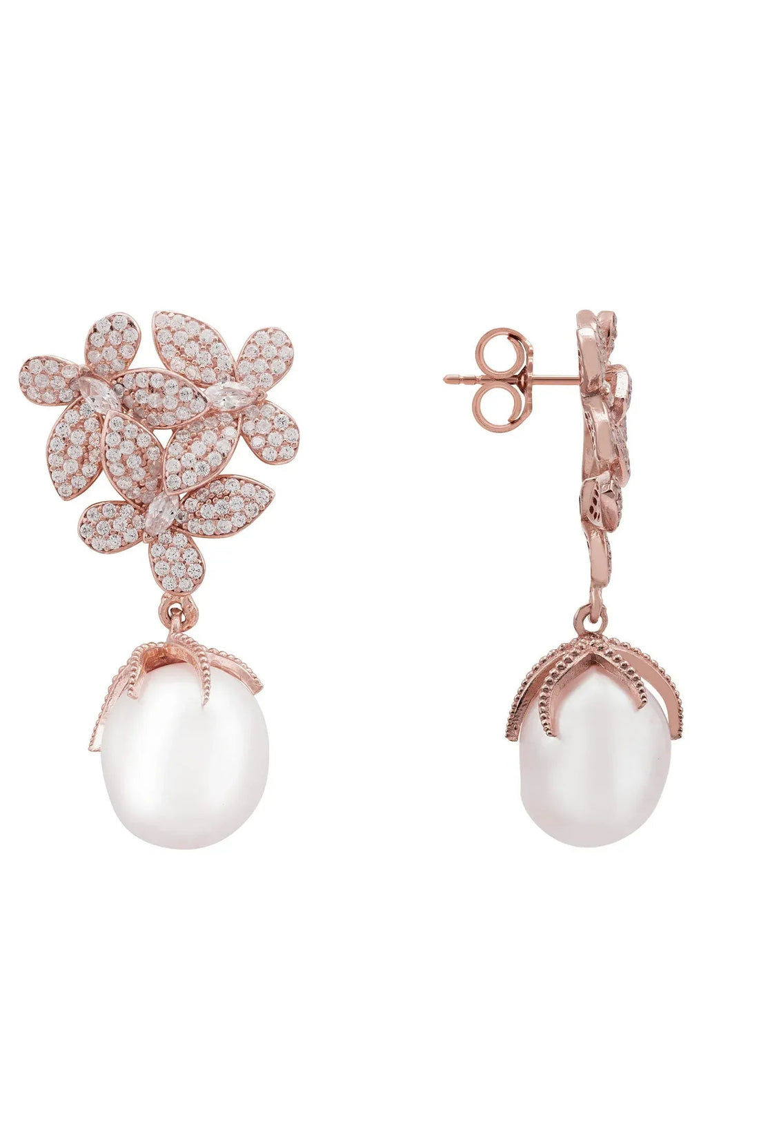 Flowers Pearl Earrings Rosegold White-1