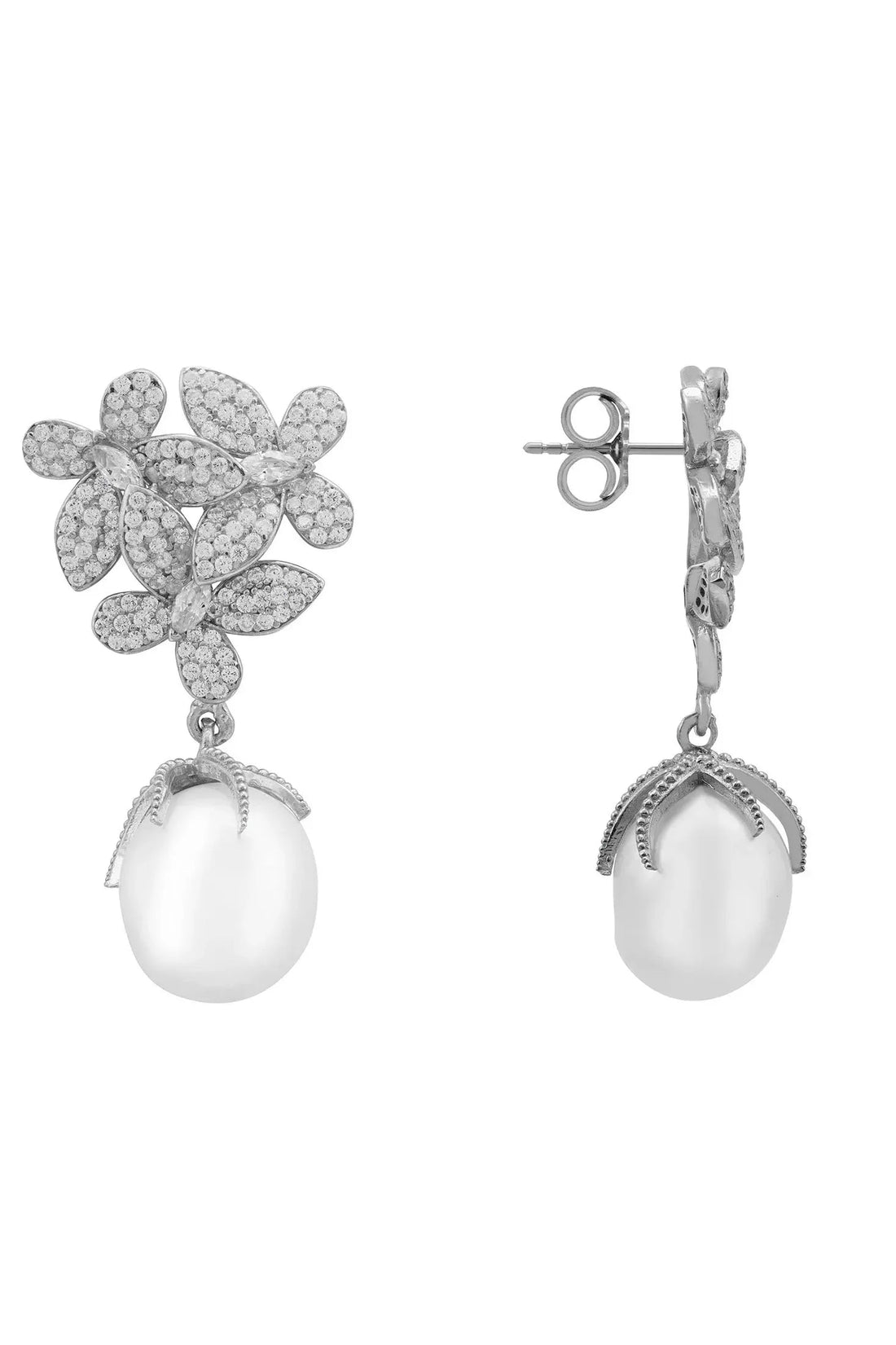 Crystal flower earrings with white pearl drop, silver-toned hook backing