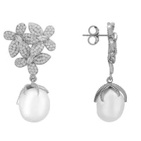 Crystal flower earrings with white pearl drop, silver-toned hook backing