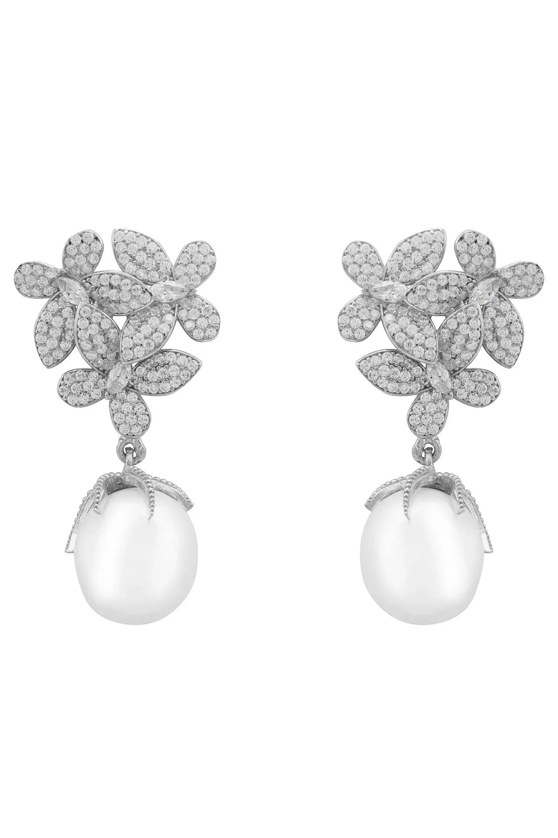Sparkly crystal flower earrings with silver-toned petals and white pearl drops