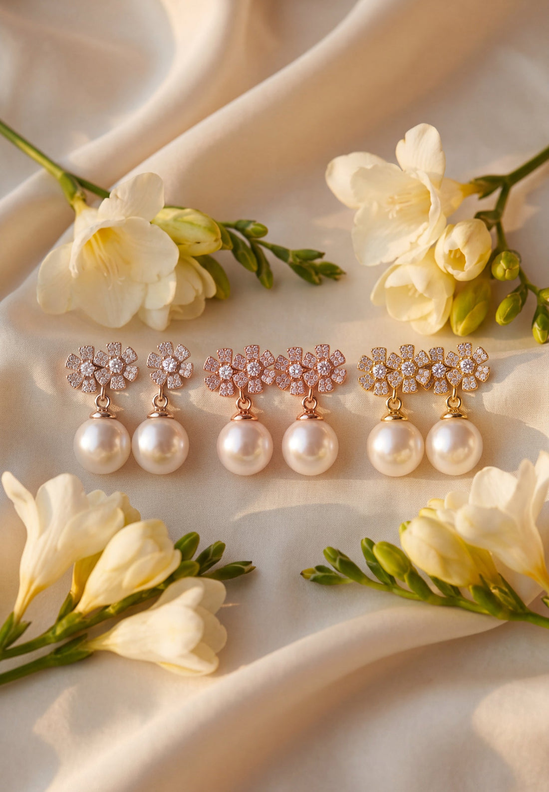 Rose gold floral pearl drop earrings, shown in three pairs
