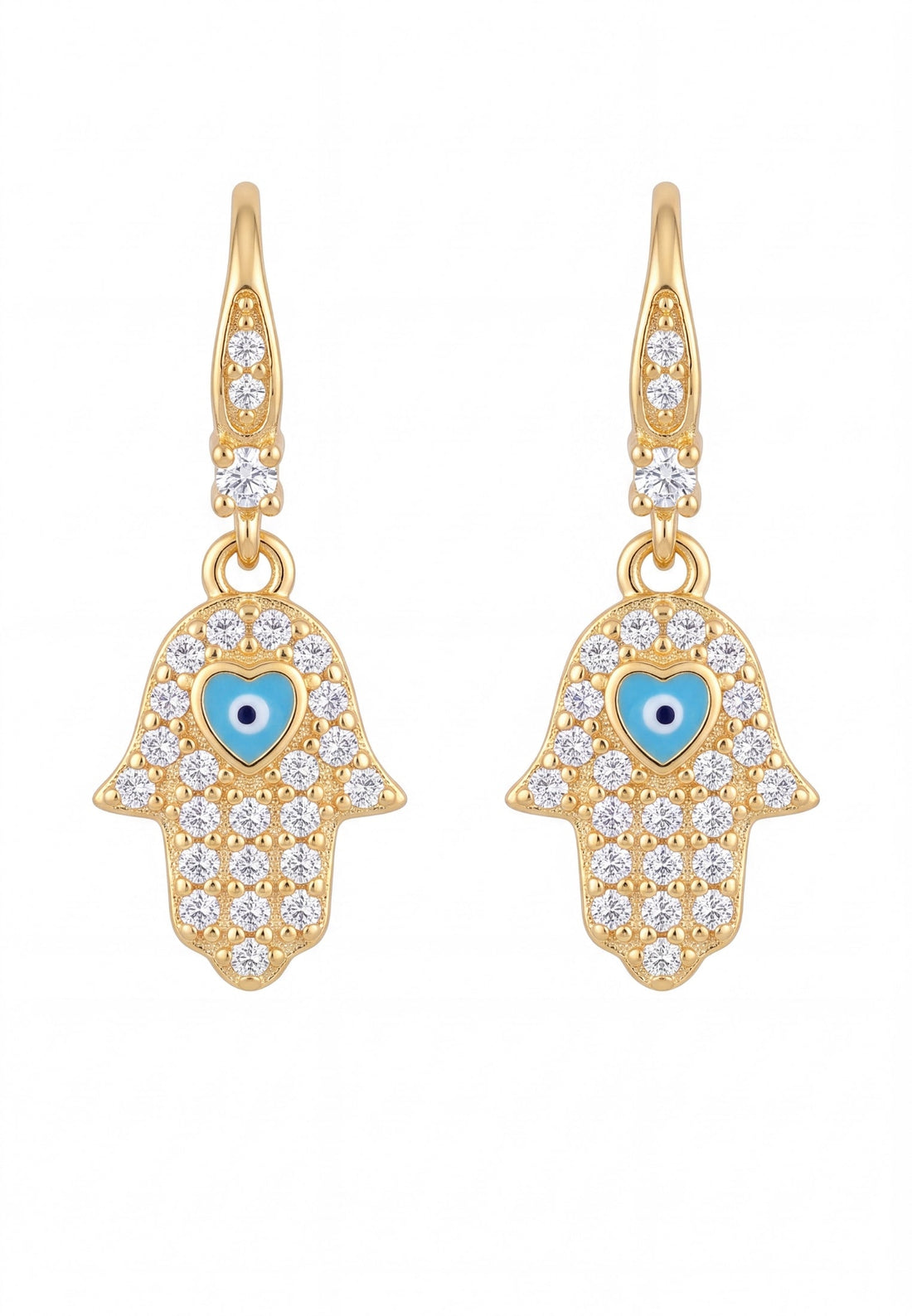 Gold hamsa hand drop earrings with blue eye and clear stone halo