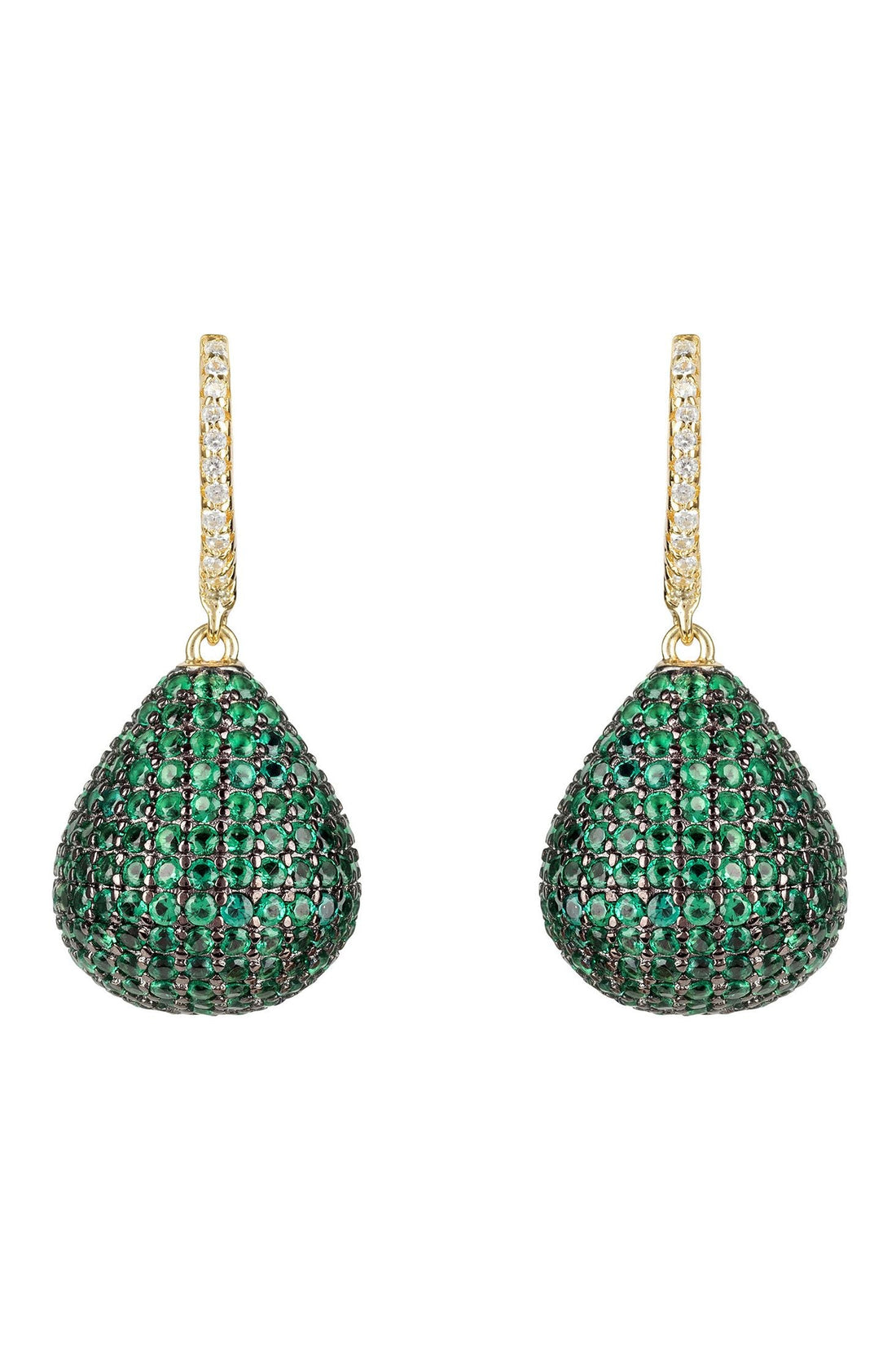 Gold drop earrings with pear-shaped emerald green gemstone pavé tops