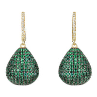 Gold drop earrings with pear-shaped emerald green gemstone pavé tops