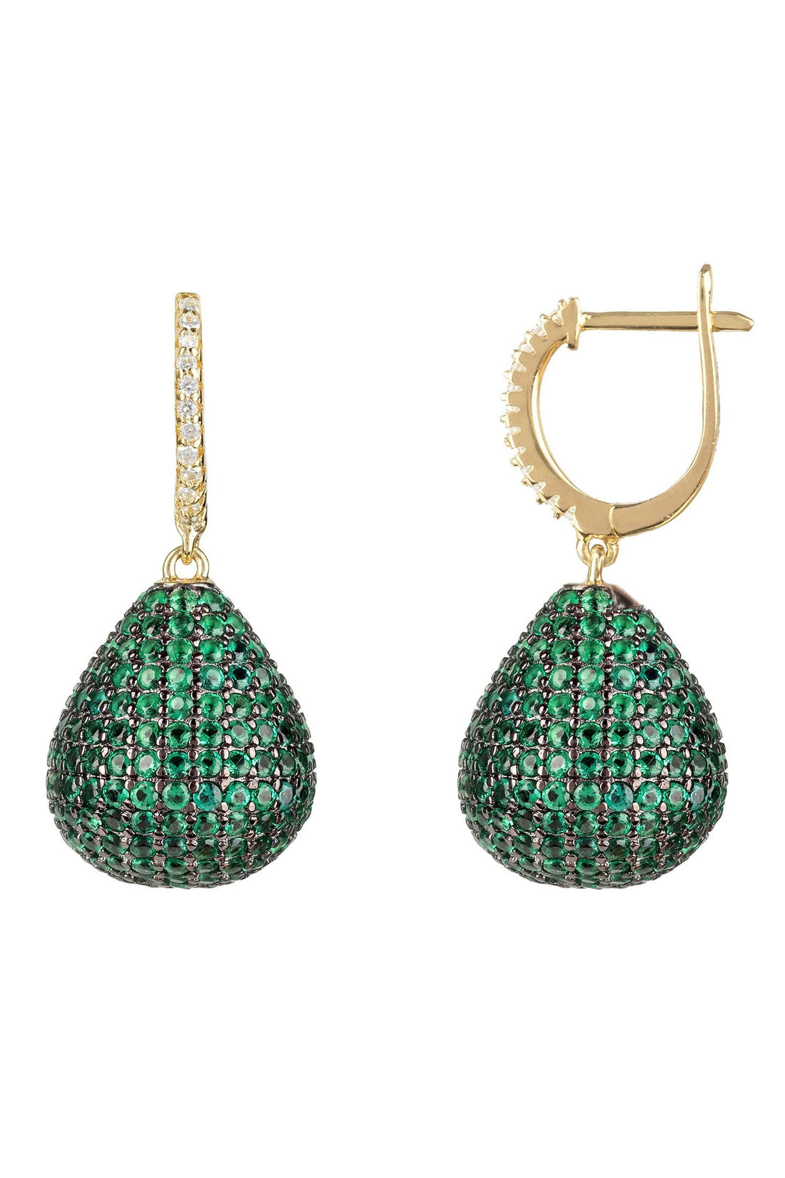 Gold pear drop gemstone earrings with emerald green pavé drops