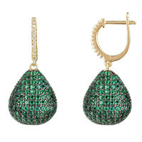 Gold pear drop gemstone earrings with emerald green pavé drops