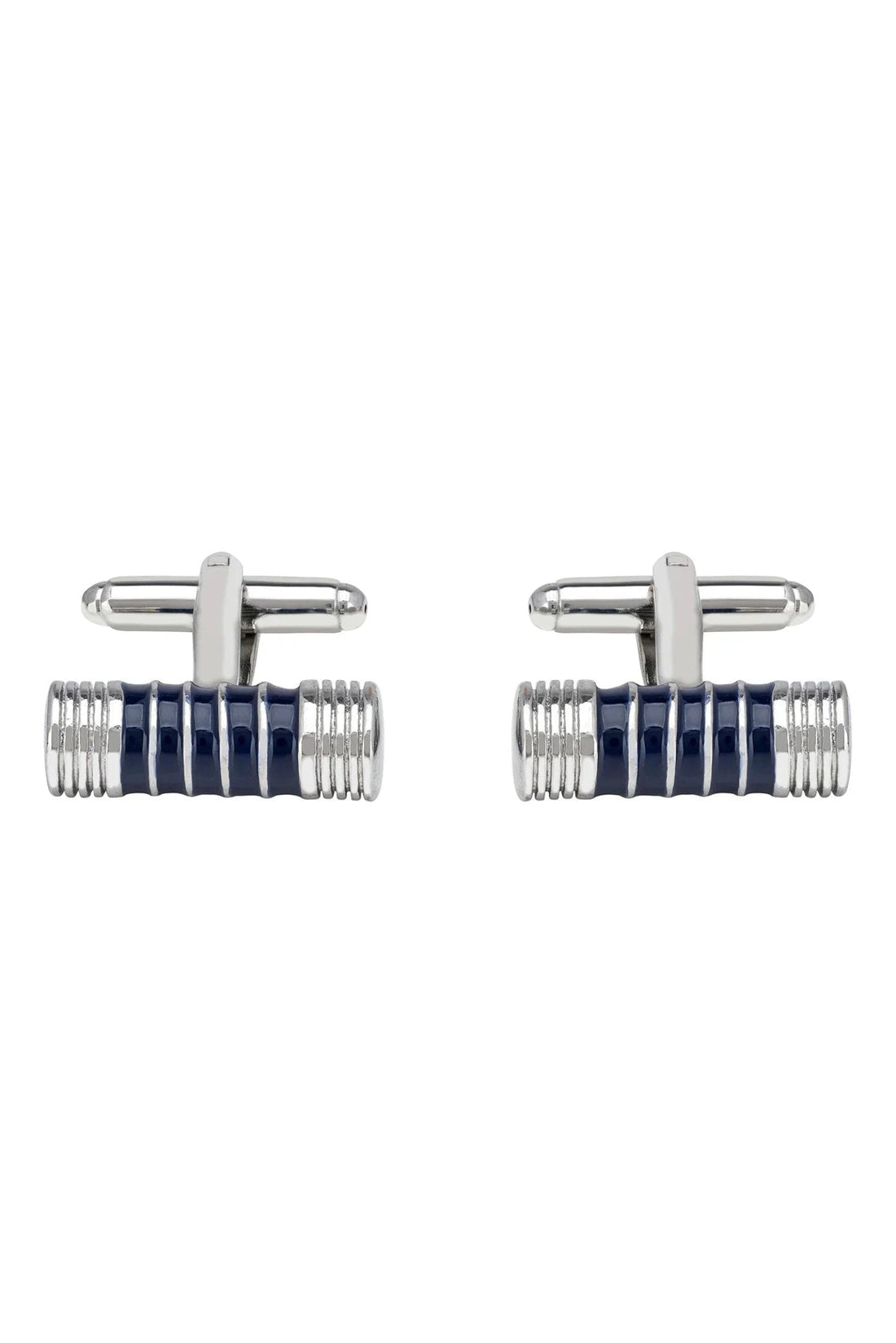Silver cufflinks with cylindrical blue and black enamel barrels