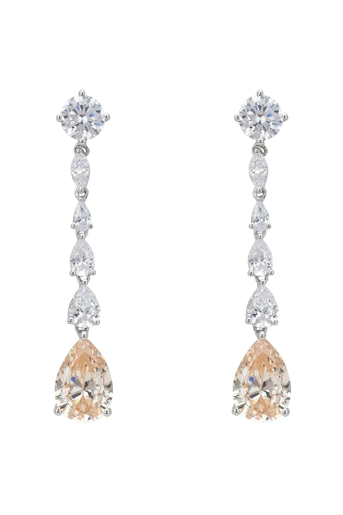 Silver drop earrings with clear stones and a champagne teardrop quartz center, 4-stone swing