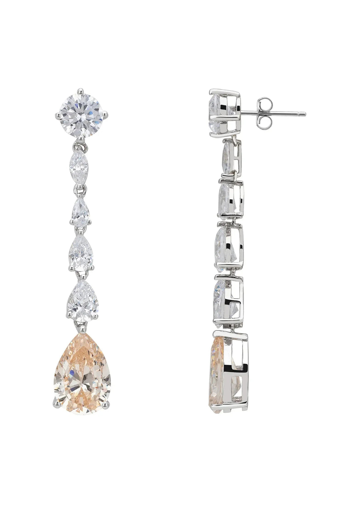 Silver drop earrings with prong-set square stones and a champagne pear quartz dangle