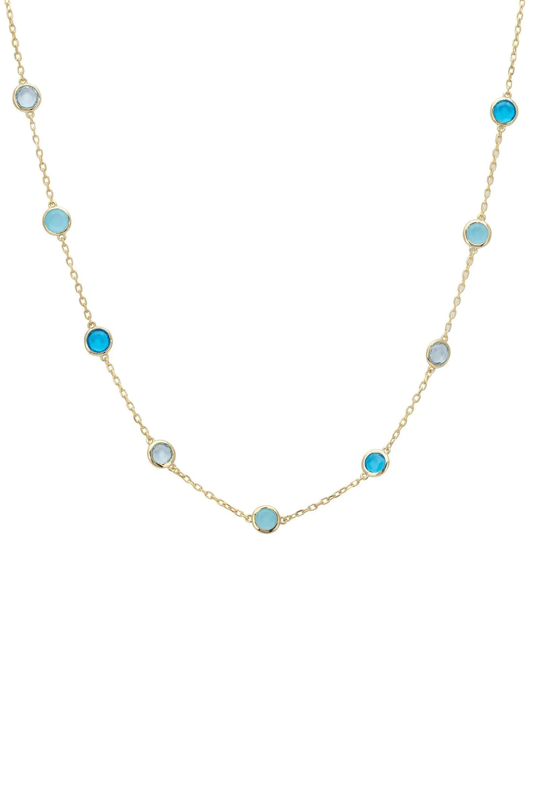 Gold-tone necklace with small round blue stones on a linked chain