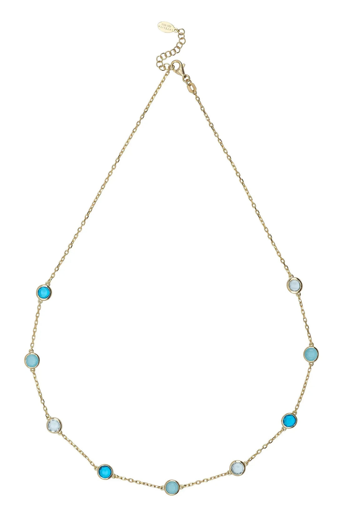Gold-tone necklace with small blue round stones and a delicate linked chain