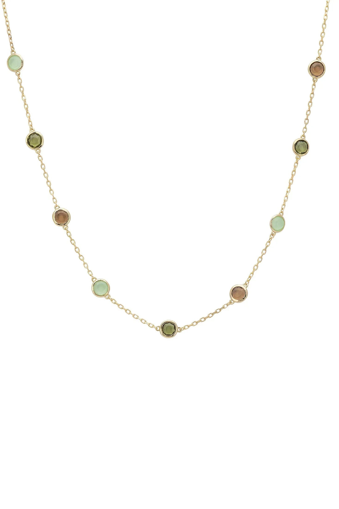 Gold chain necklace with small oval green and brown bead charms