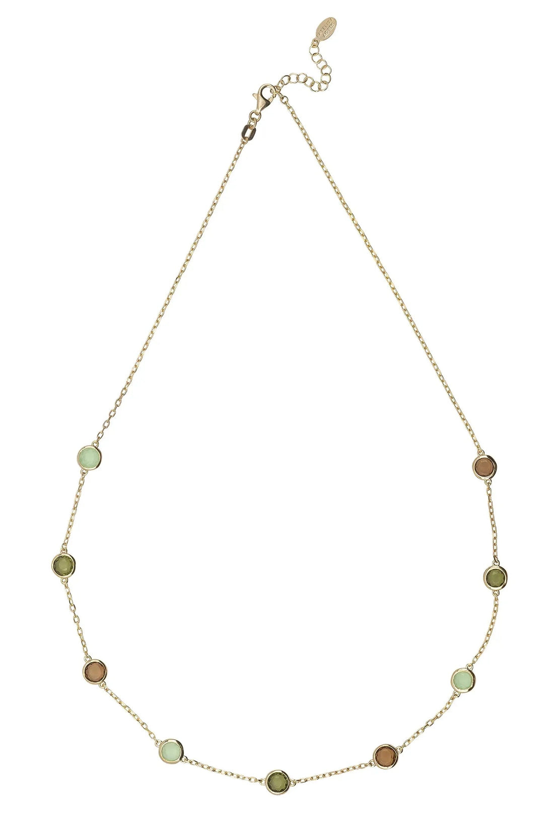 Gold chain necklace with evenly spaced oval green beads and brown discs