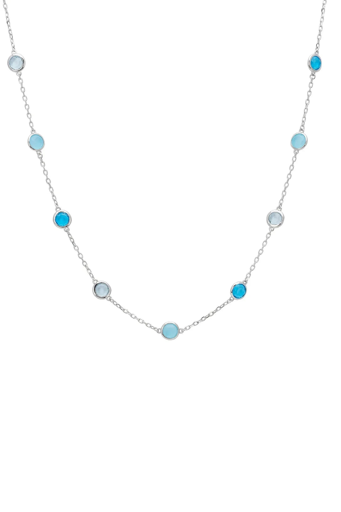 Silver chain necklace with round blue beads along the length