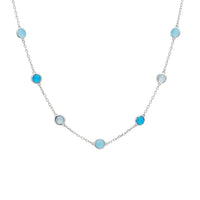 Silver chain necklace with round blue beads along the length