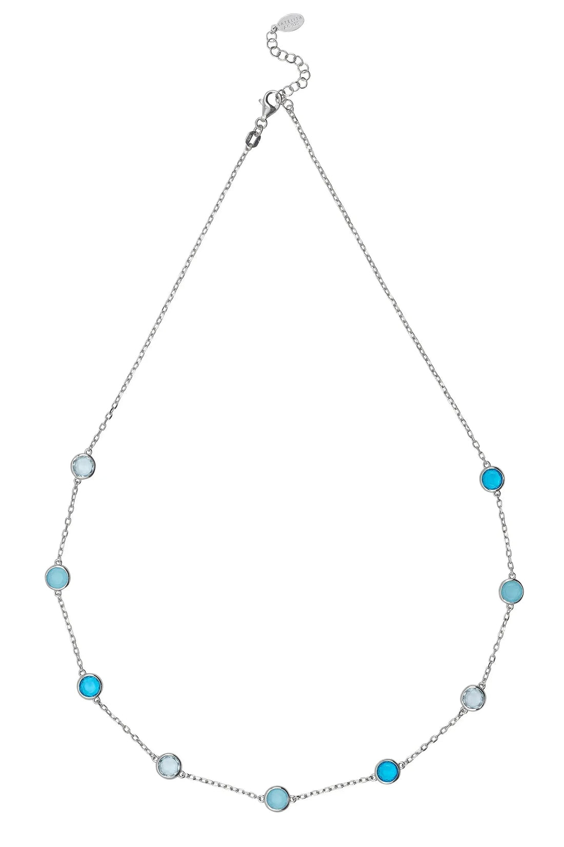 Silver chain necklace with evenly spaced round blue beads