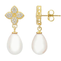 Gold clover CZ drop earrings with white teardrop pearl, showing post and backing