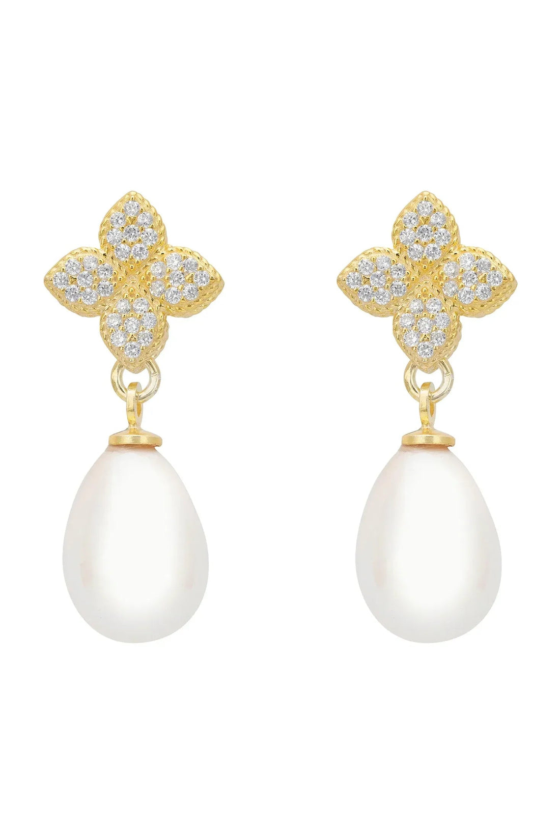 Gold clover flower CZ earrings with dangling white teardrop pearl drops