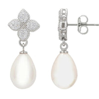 Silver-tone cz clover pearl drop earrings with visible post and clasp
