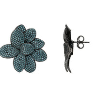 Large aqua flower stud earrings with textured petals; back view shows silver-tone posts