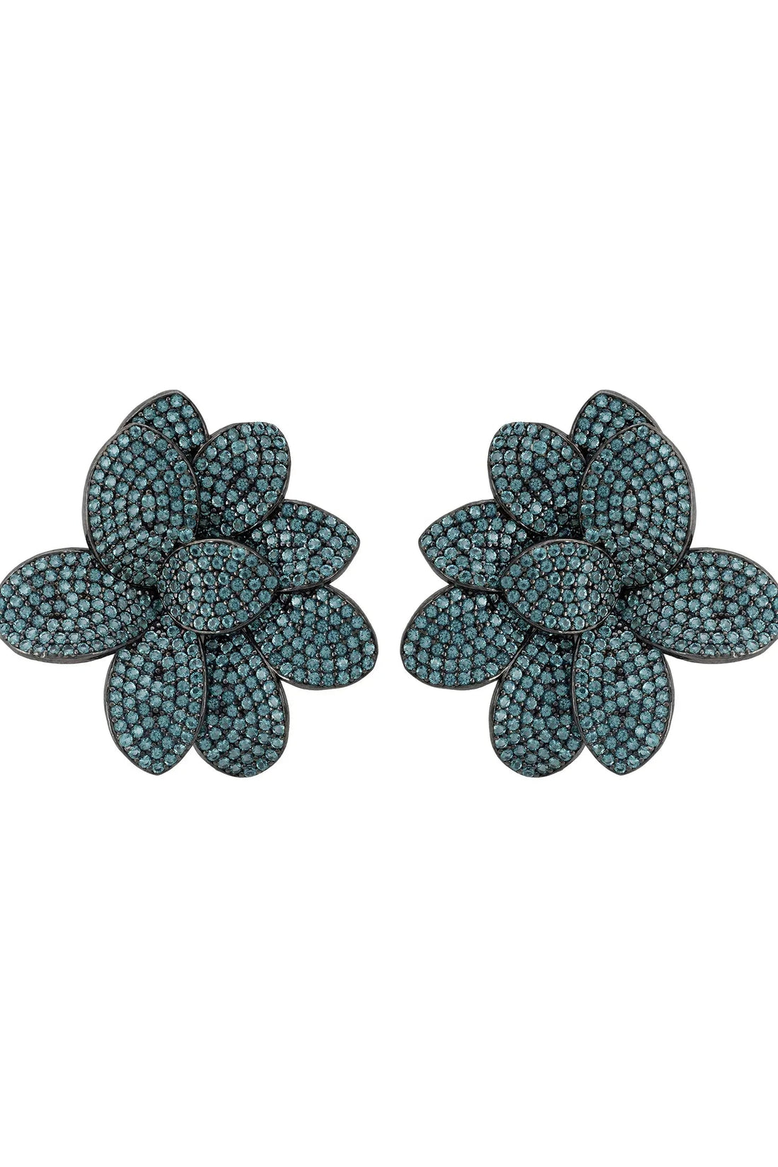 Aqua flower stud earrings with textured petals and round center on silver-tone posts