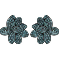 Aqua flower stud earrings with textured petals and round center on silver-tone posts