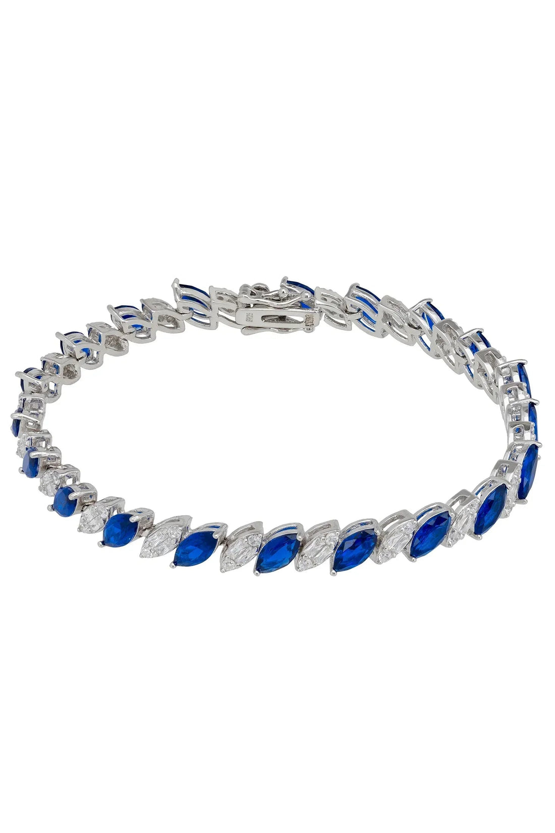 Sapphire tennis bracelet with oval blue stones in silver-tone linked setting