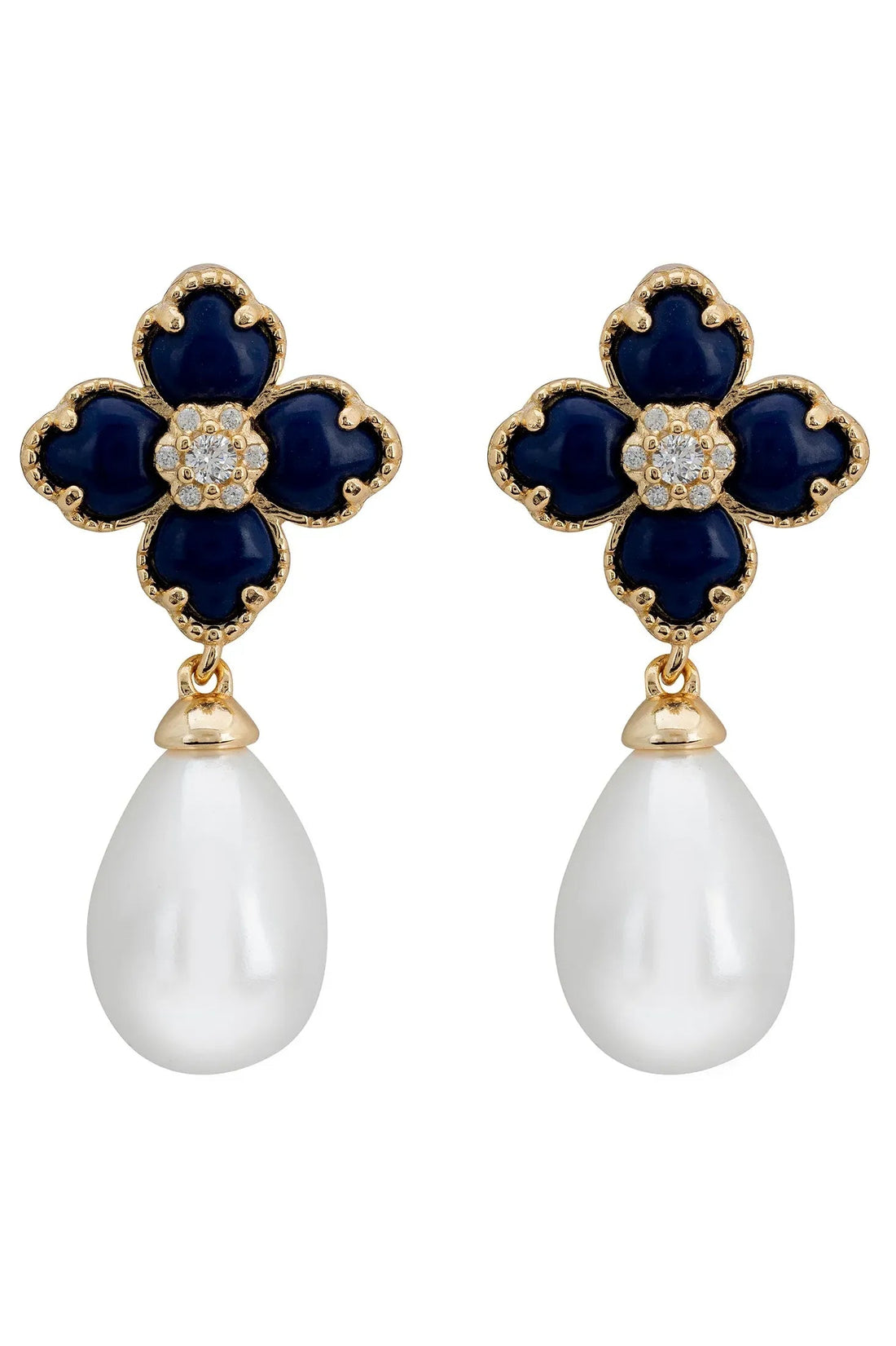 Gold-tone flower drop earrings with navy clover enamel, crystal center, white pearl drops