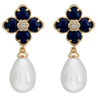 Gold-tone flower drop earrings with navy clover enamel, crystal center, white pearl drops