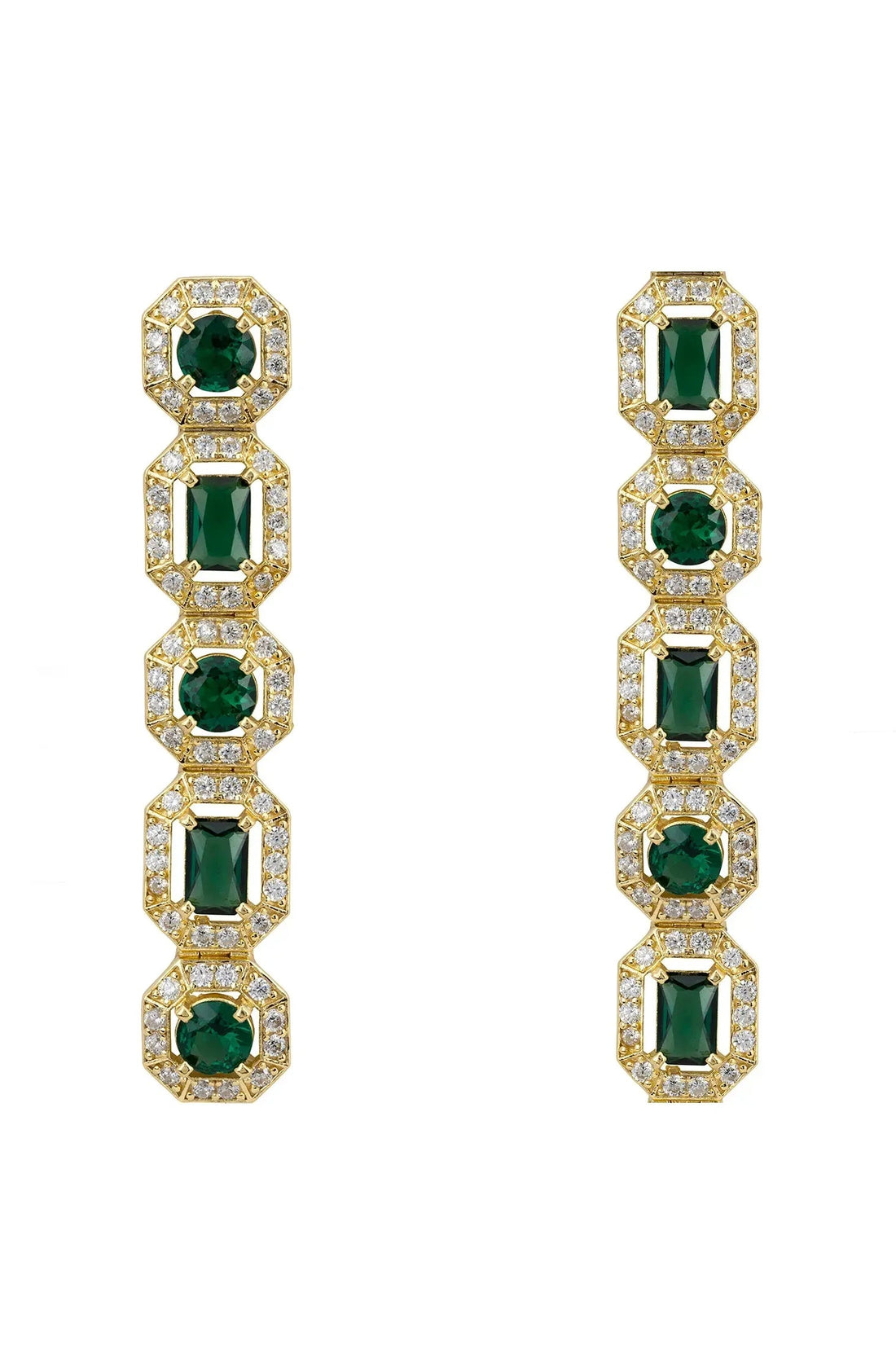Gold drop earrings with emerald-green stones and clear crystal accents