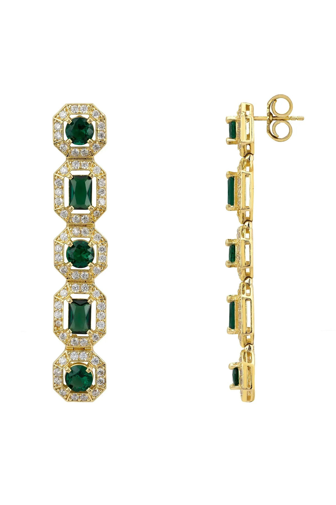 Gold-tone earrings with emerald green stones and visible clasp backs