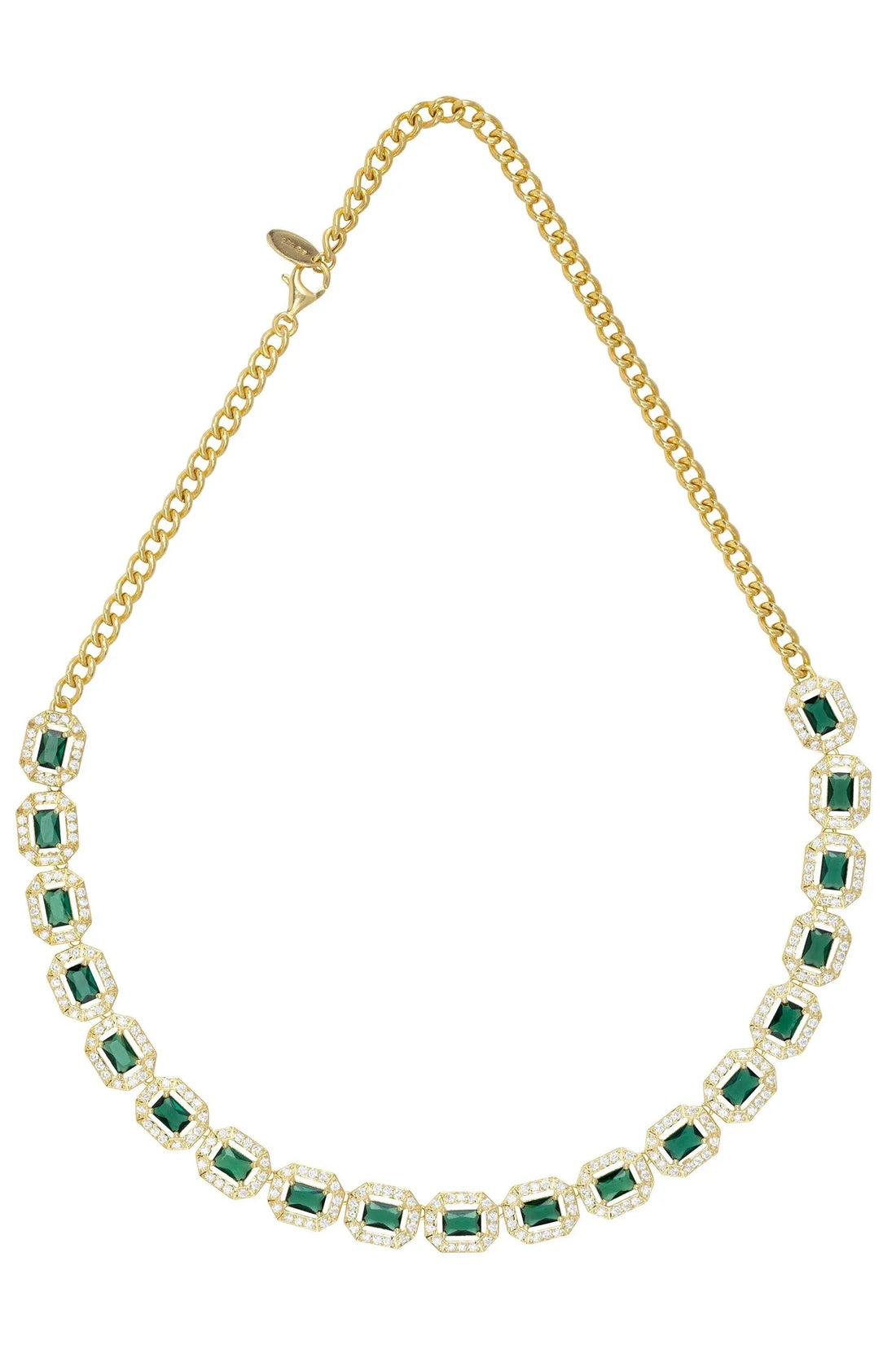 Gold-tone tennis necklace with emerald-green square gemstones and link chain