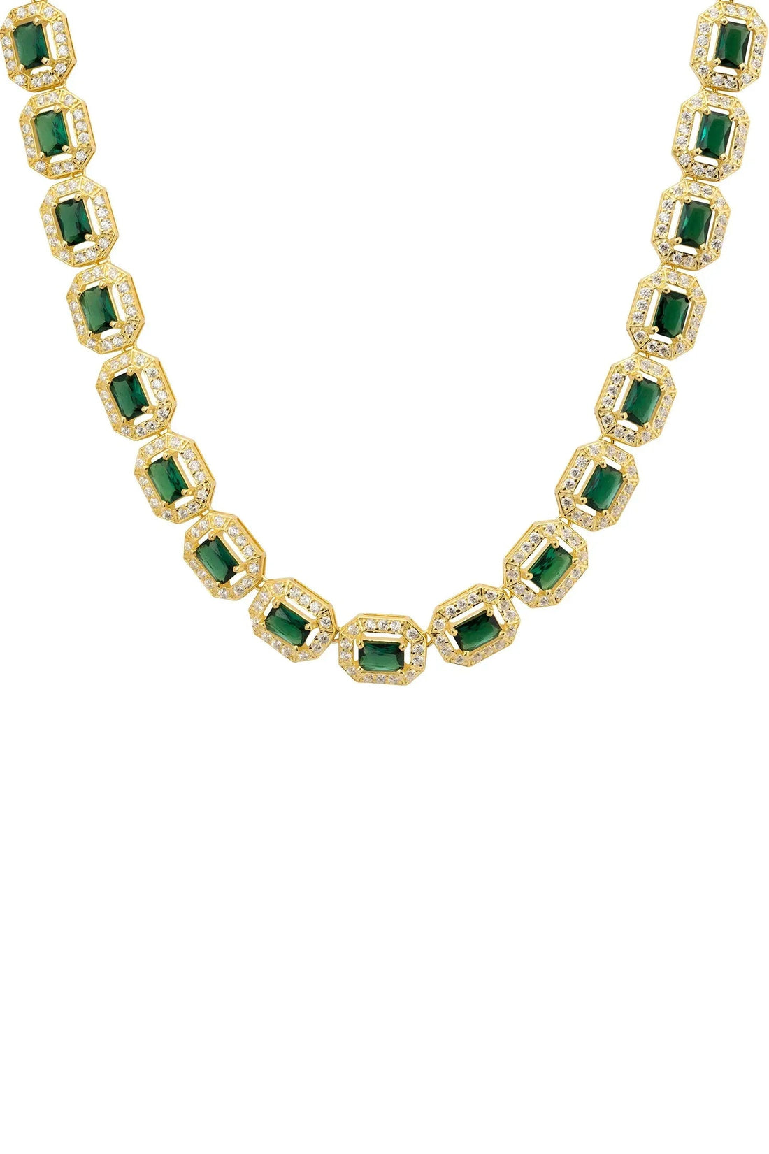 Gold-tone necklace with emerald-green square gemstone links and clear halo accents