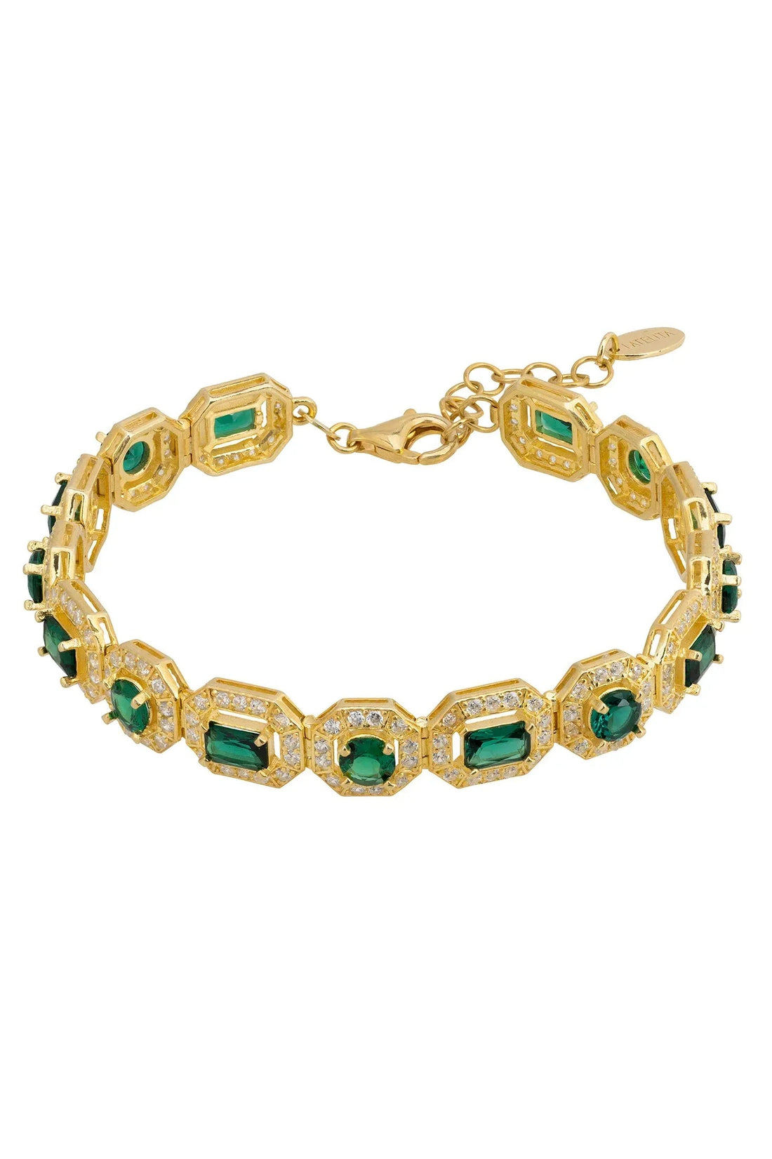 Gold-tone gemstone bracelet with emerald-green stones and faceted, rectangular settings