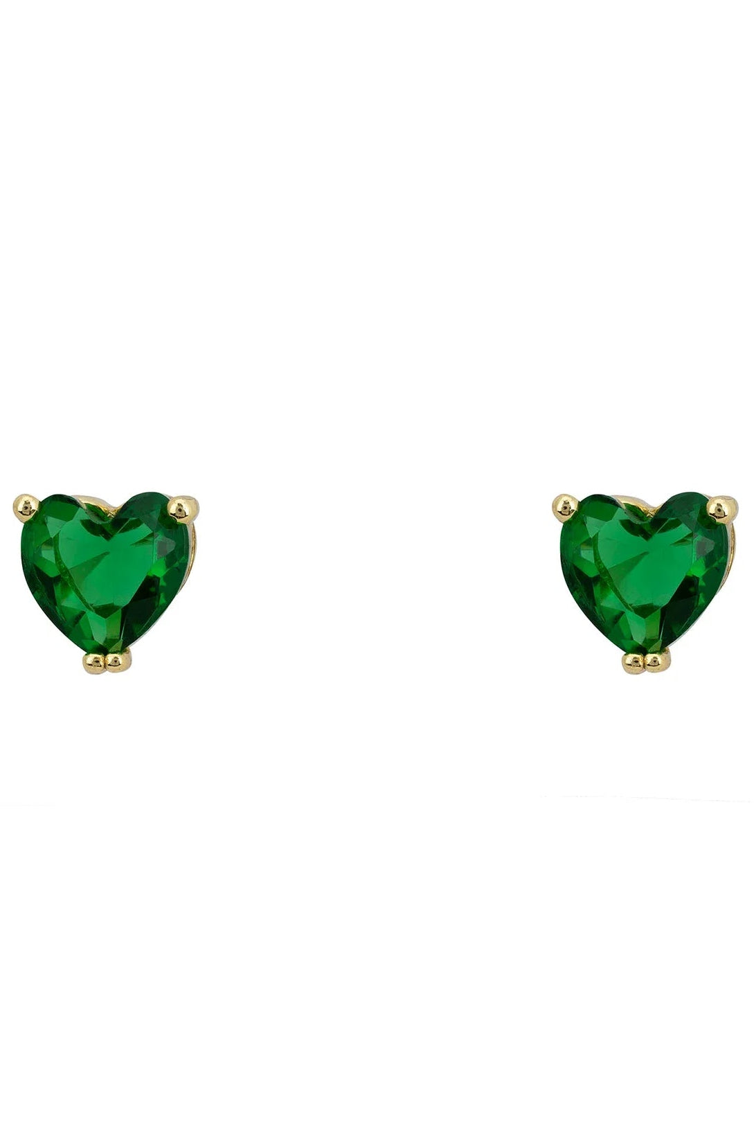 Heart stud earrings with dark green gemstone in gold-tone settings
