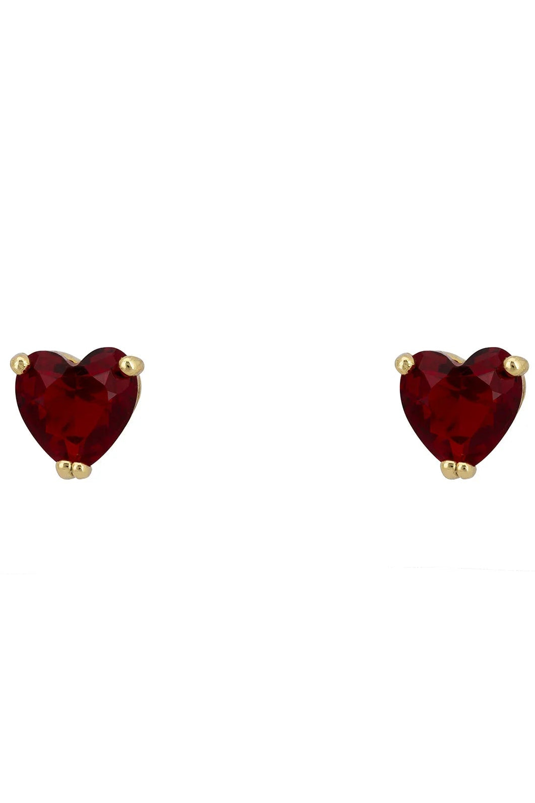 Gold heart stud earrings with red ruby gemstone, Asscher-cut sparkle