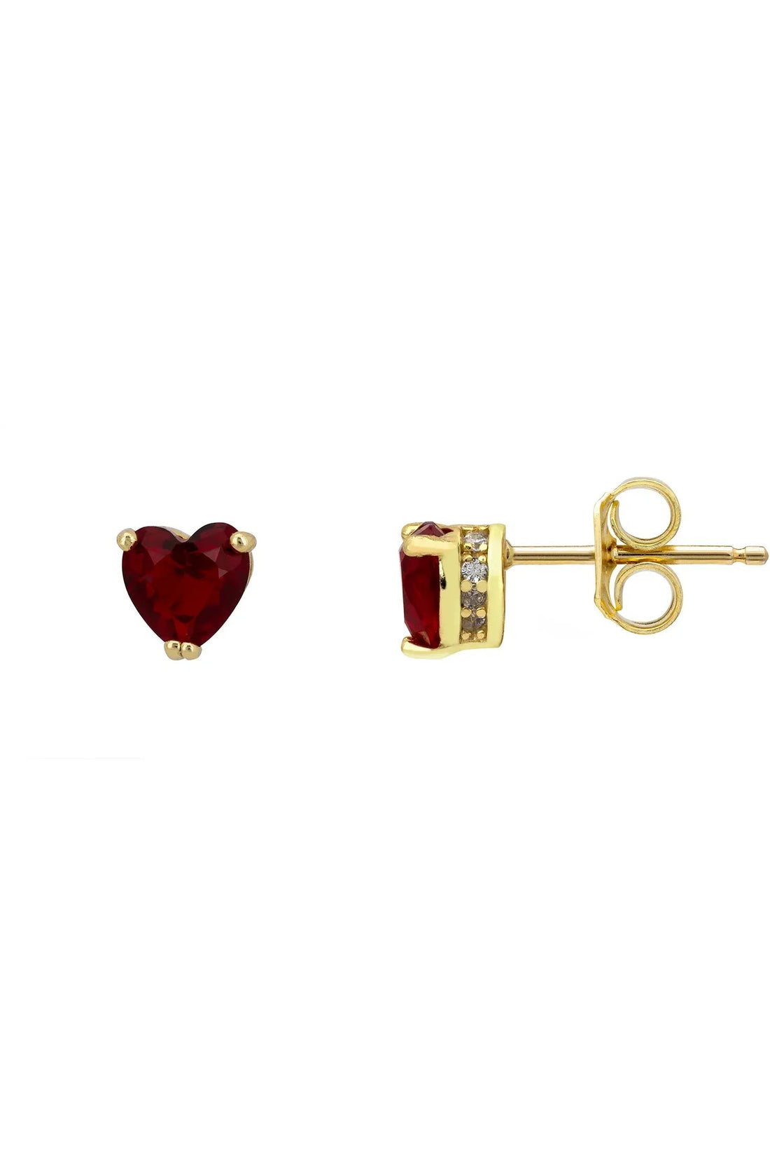 Gold ruby heart stud earrings with posts and butterfly backs shown