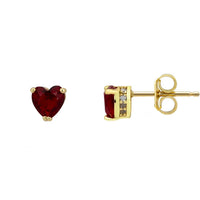 Gold ruby heart stud earrings with posts and butterfly backs shown