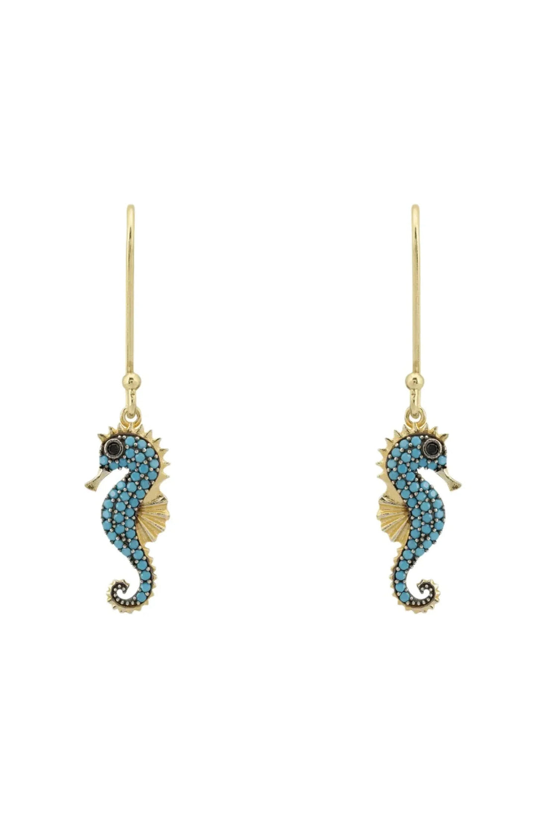 Gold seahorse drop earrings with turquoise glitter details and dangling seahorse charm