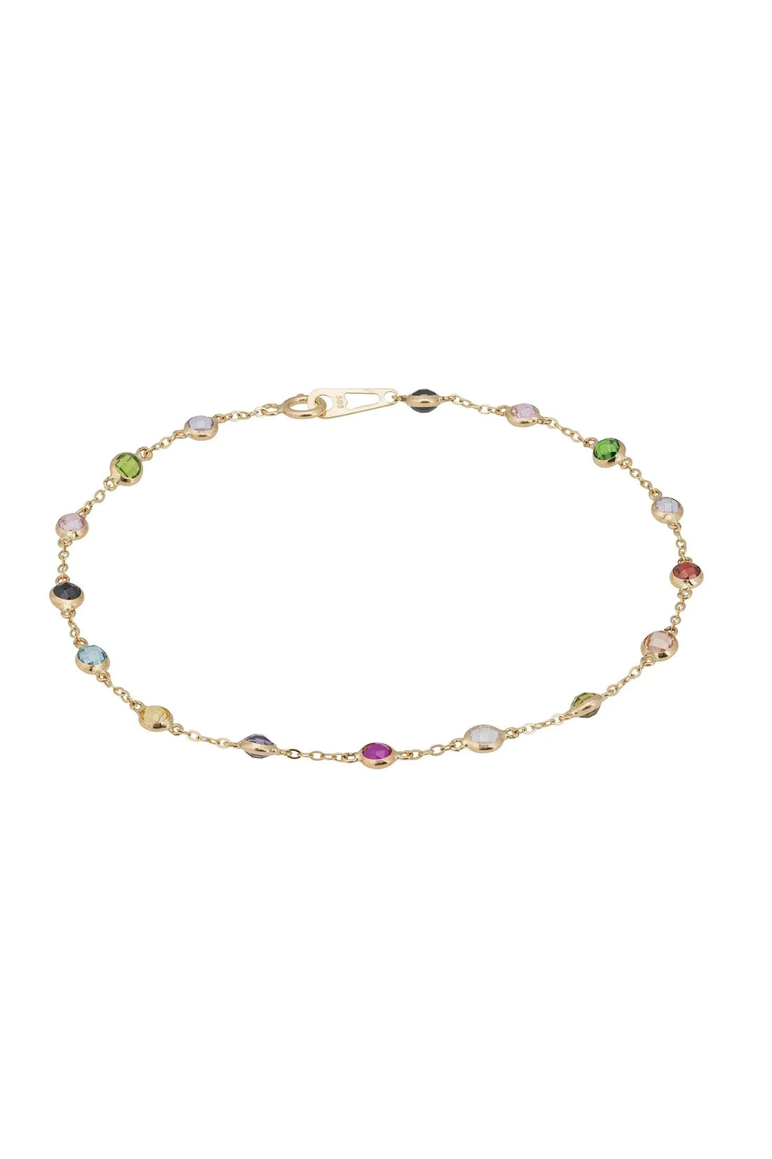 14k gold bracelet with multicolor gemstone stations and round link chain