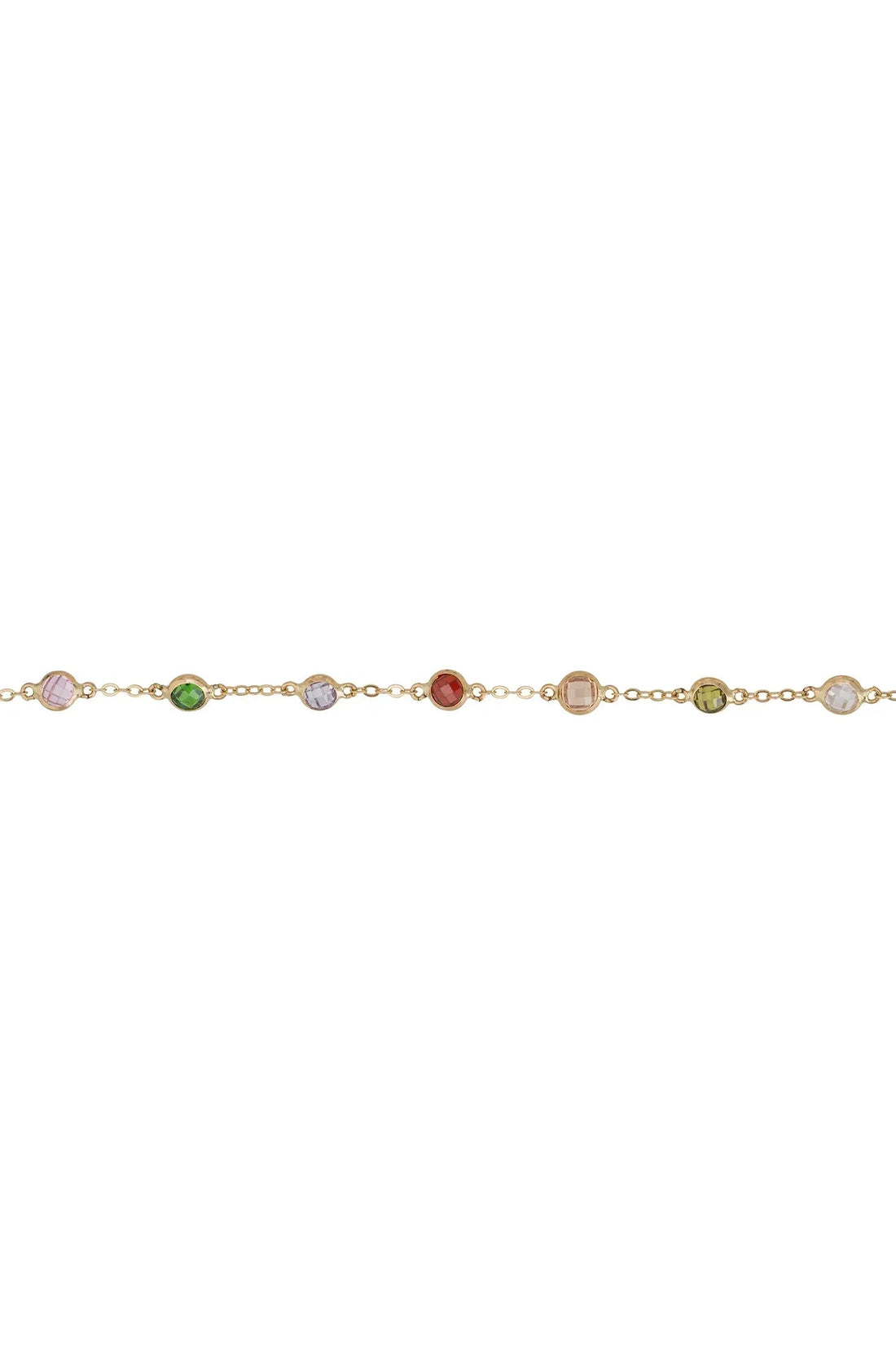 Gold bracelet with alternating blue, green, purple, red, and clear gemstone links