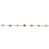 Gold bracelet with alternating blue, green, purple, red, and clear gemstone links