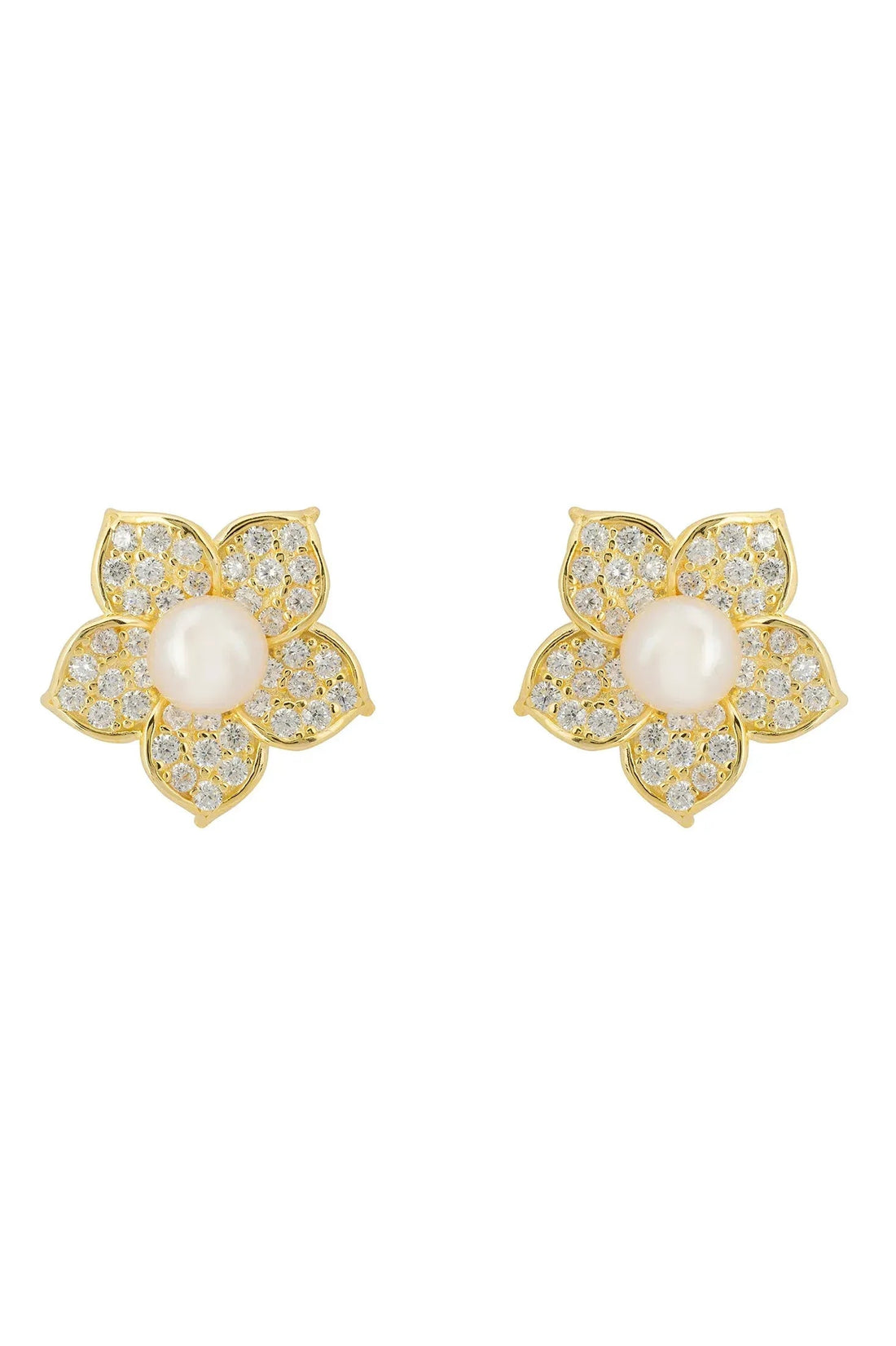 Gold forget-me-not pearl stud earrings with clear gemstone cluster accents