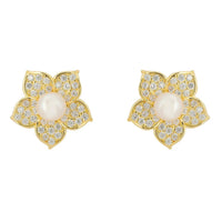 Gold forget-me-not pearl stud earrings with clear gemstone cluster accents