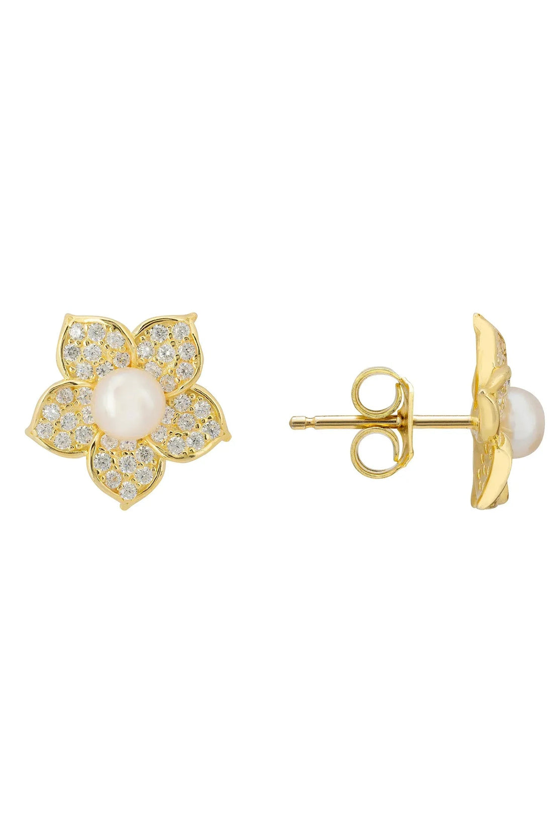 Gold pearl stud earrings with flower-shaped gemstone cluster and butterfly back