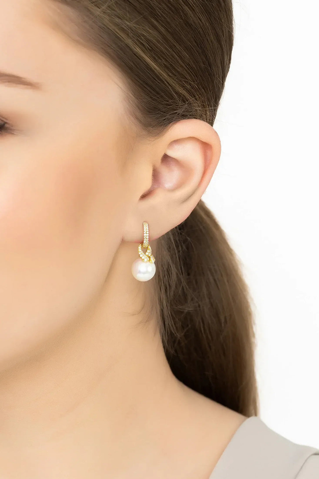 Gold drop pearl earrings with small crystal hoop and white pearl drop